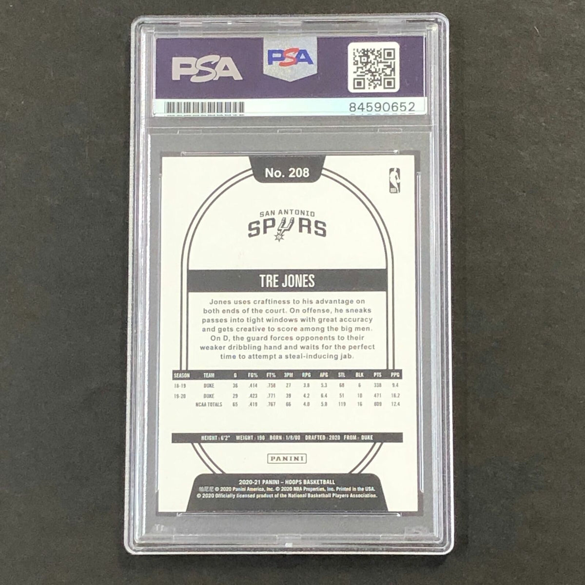 2020-21 NBA Hoops #208 Tre Jones Signed Card AUTO PSA/DNA Slabbed RC Spurs