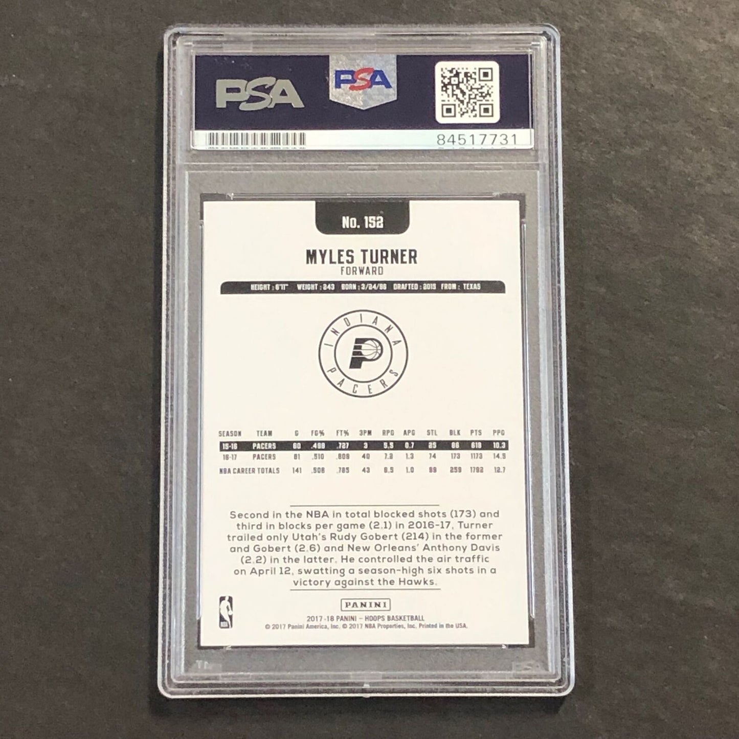 2017-18 Panini NBA Hoops #152 Myles Turner Signed Card AUTO PSA Slabbed Pacers