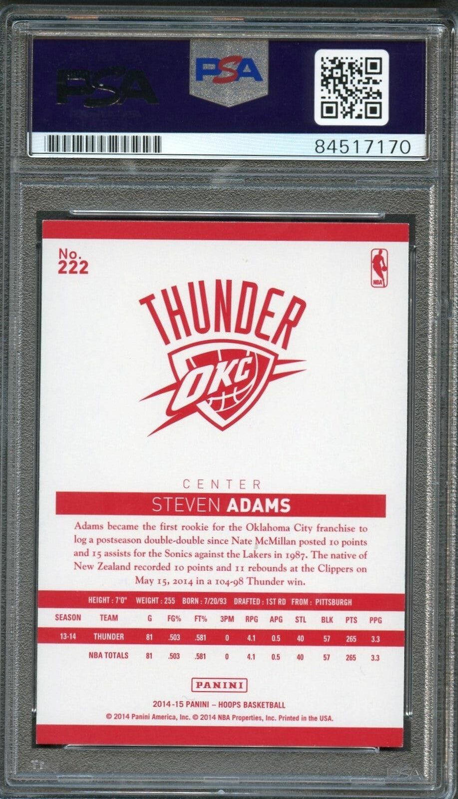 2014-15 NBA Hoops #222 Steven Adams Signed Card Auto PSA/DNA Slabbed Thunder