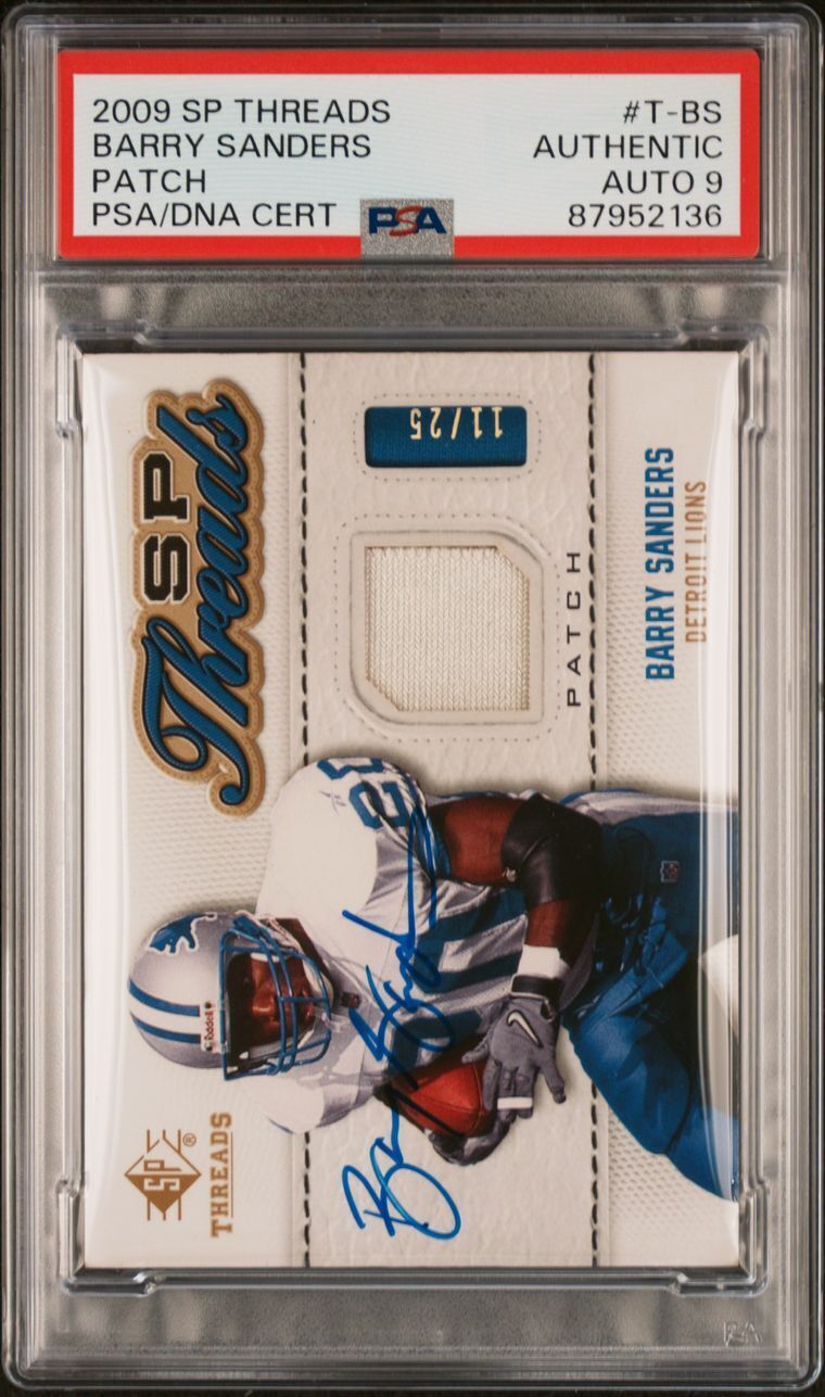 2009 SP Threads Patch #T-BS Barry Sanders Signed Card PSA Authentic AUTO 9 Slabb