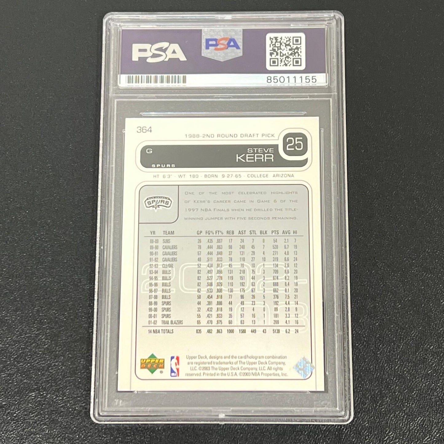 2003 Upper Deck #364 Steve Kerr Signed Card AUTO PSA Slabbed Spurs