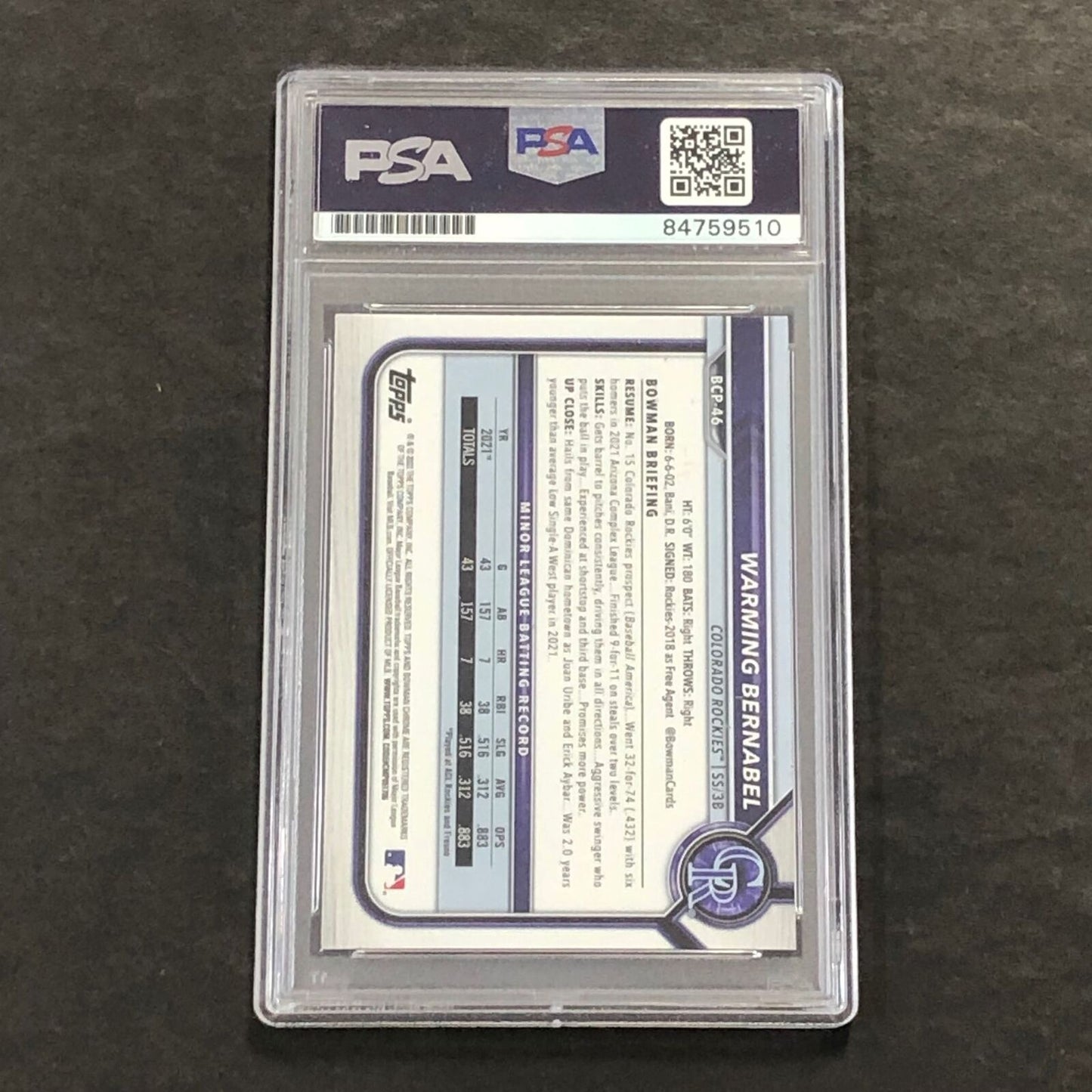 2021 Bowman Chrome #BP-46 Warming Bernabel Signed Card PSA Slabbed Auto Rockies