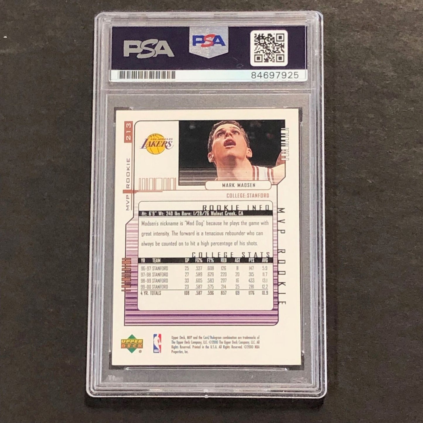 2000-01 Upper Deck MVP #213 Mark Madsen Signed Card AUTO PSA Slabbed Lakers