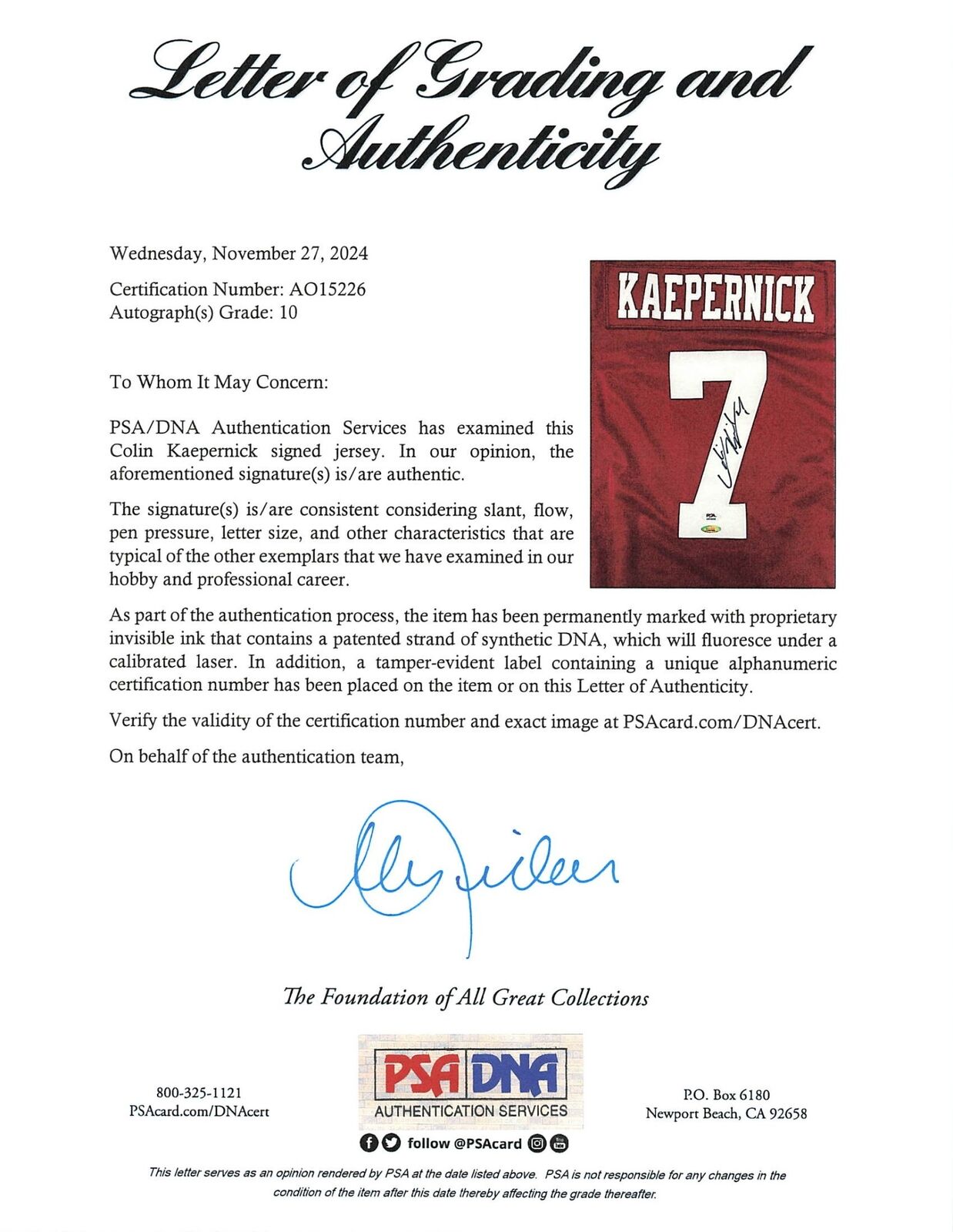 Colin Kaepernick signed jersey PSA/DNA Auto Grade 10 San Francisco 49ers Autogra