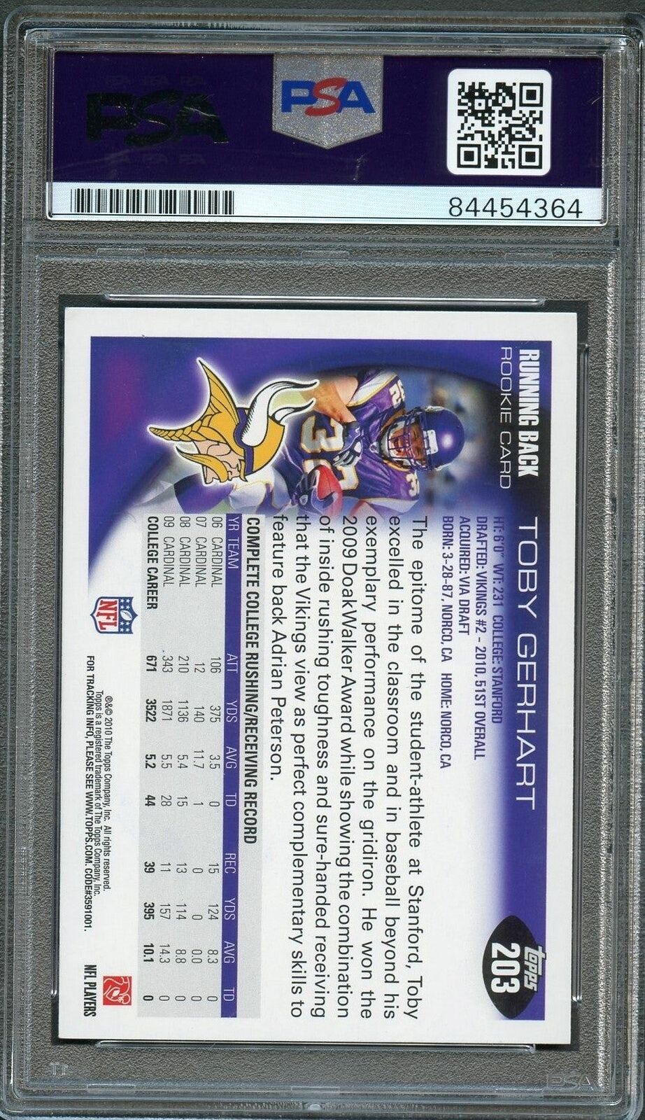 2010 Topps #203A Toby Gerhart Signed Card PSA Slabbed Vikings