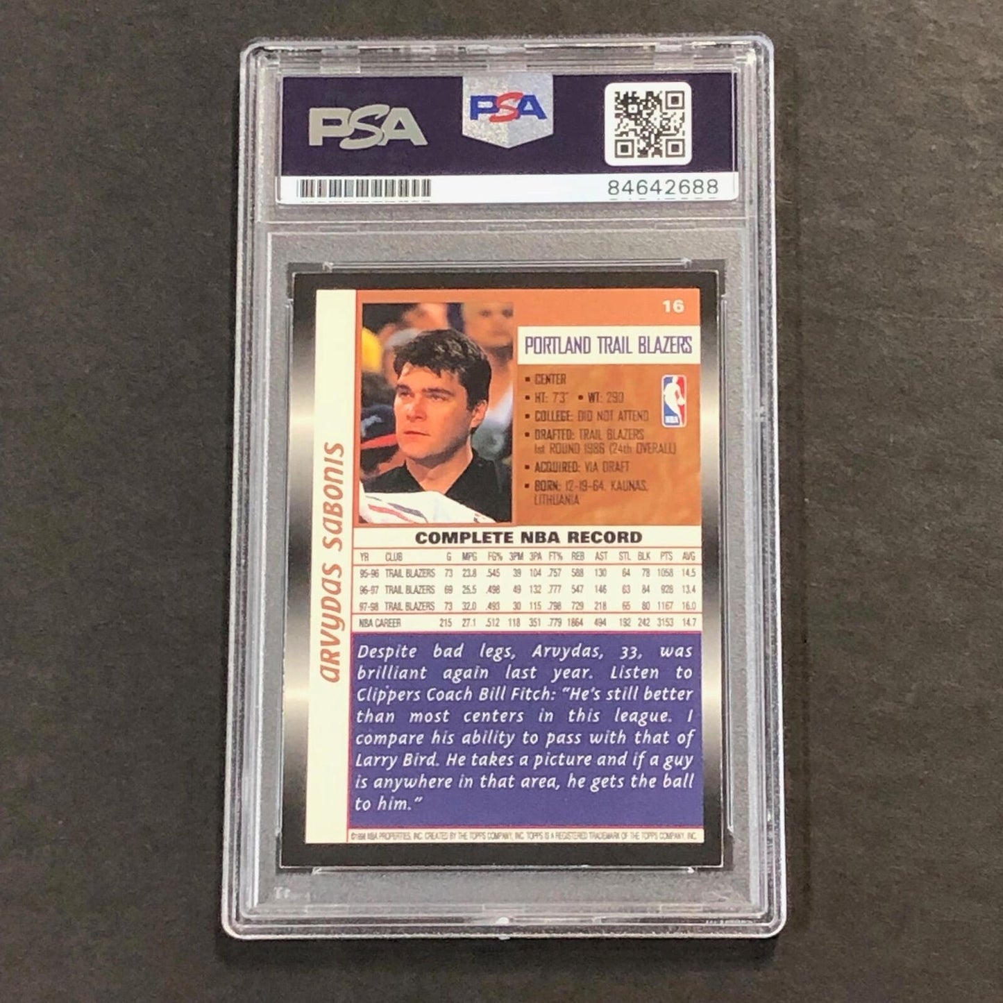 1998-99 Topps #16 ARVYDAS SABONIS Signed Card AUTO PSA Slabbed Trail Blazers