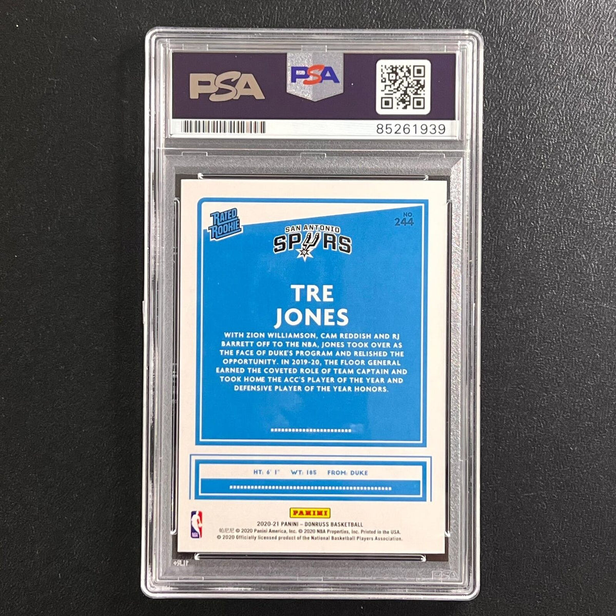 2020-21 Donruss Rated Rookie #244 Tre Jones Signed Card AUTO 10 PSA/DNA Slabbed