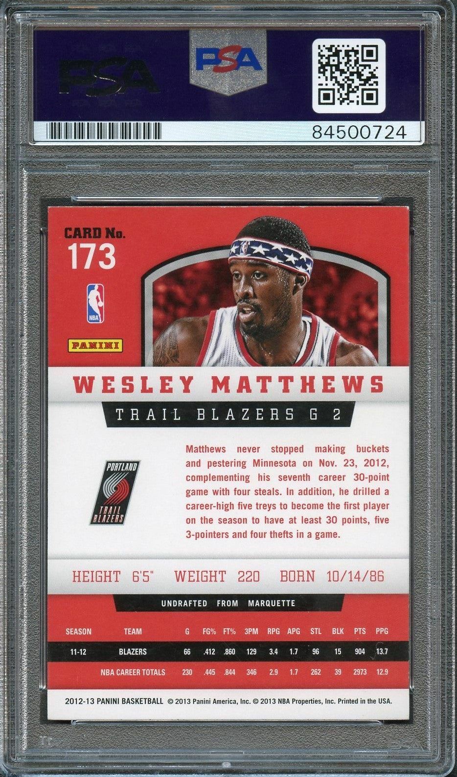 2012-13 Panini Basketball #173 Wesley Matthews Signed Card AUTO 10 PSA Slabbed T