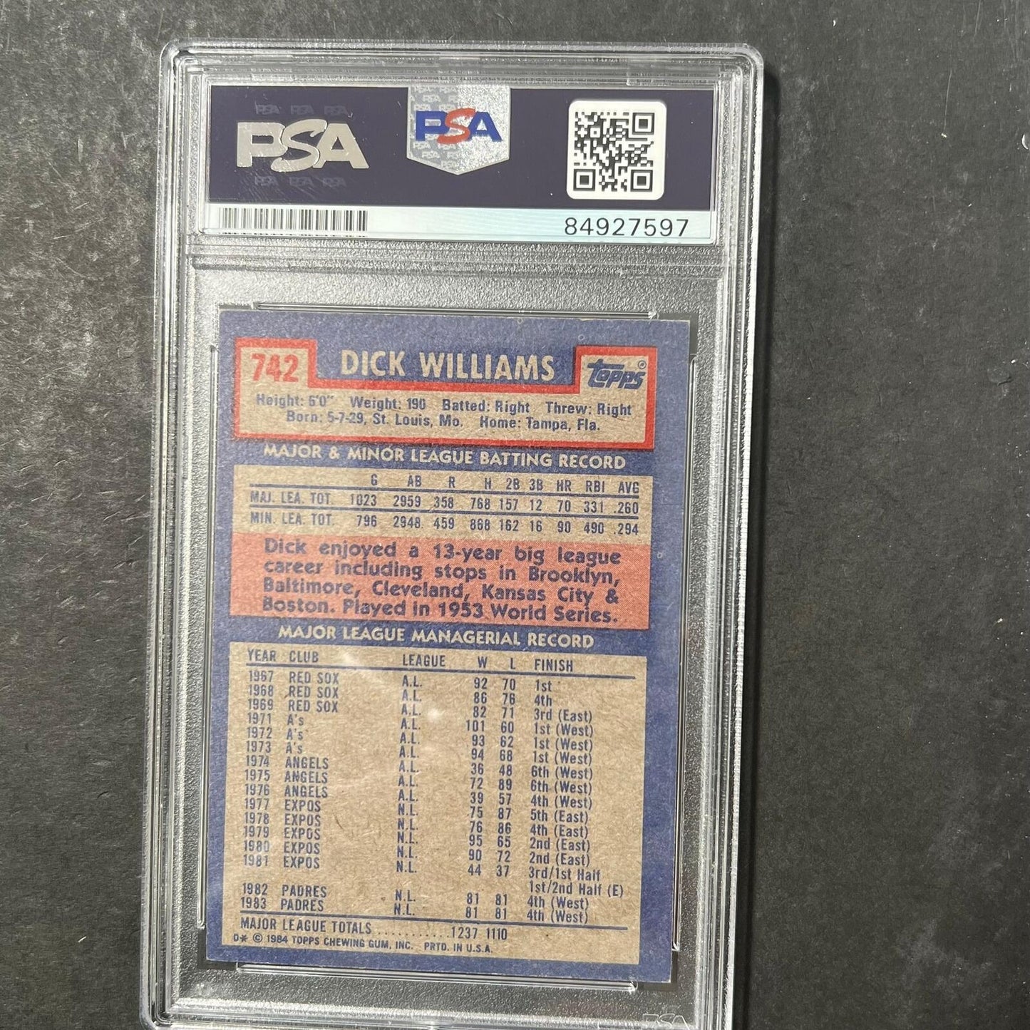 1984 Topps #742 Dick Williams Signed Card PSA Slabbed Auto 10 Padres