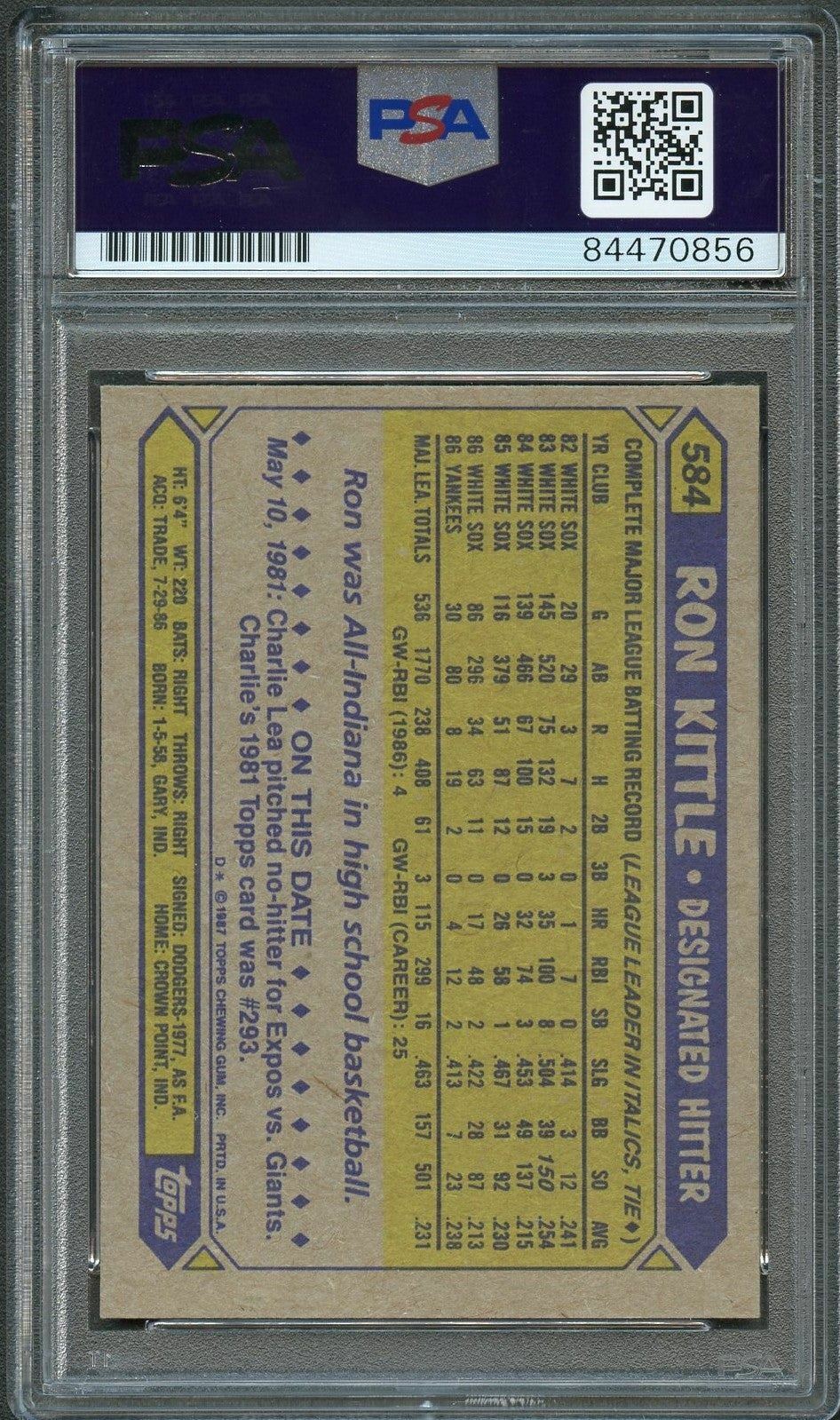 1987 TOPPS #584 Ron Kittle Signed Card PSA Slabbed Auto 10 Yankees