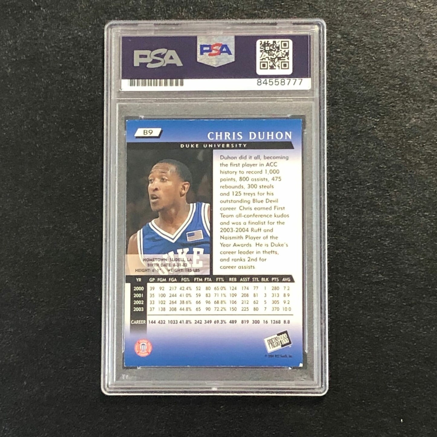 2004 Press Pass #9 Chris Duhon Signed Card AUTO PSA Slabbed Duke