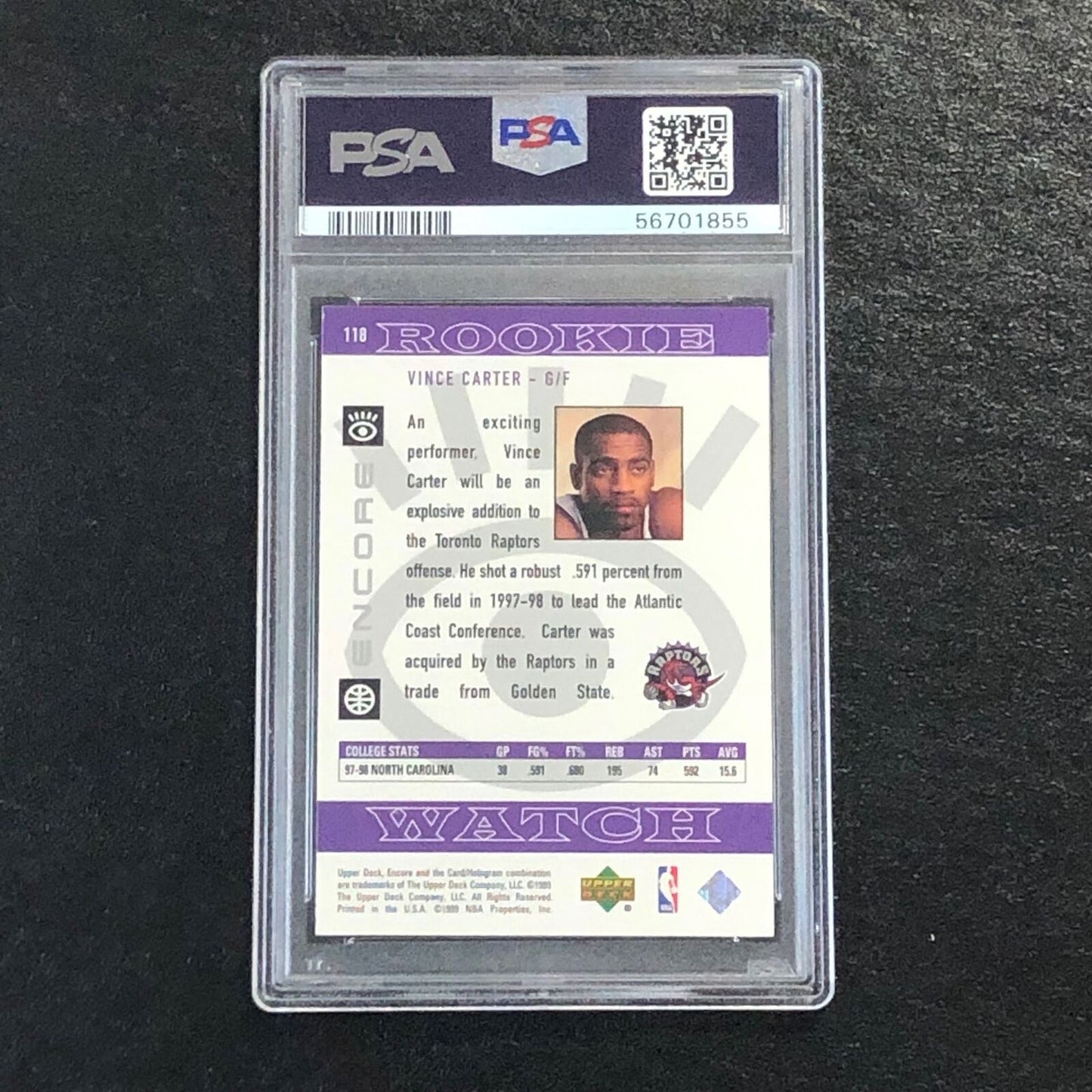 1998 U.D. Encore #118 Vince Carter PSA 7 EX-MT RC Raptors