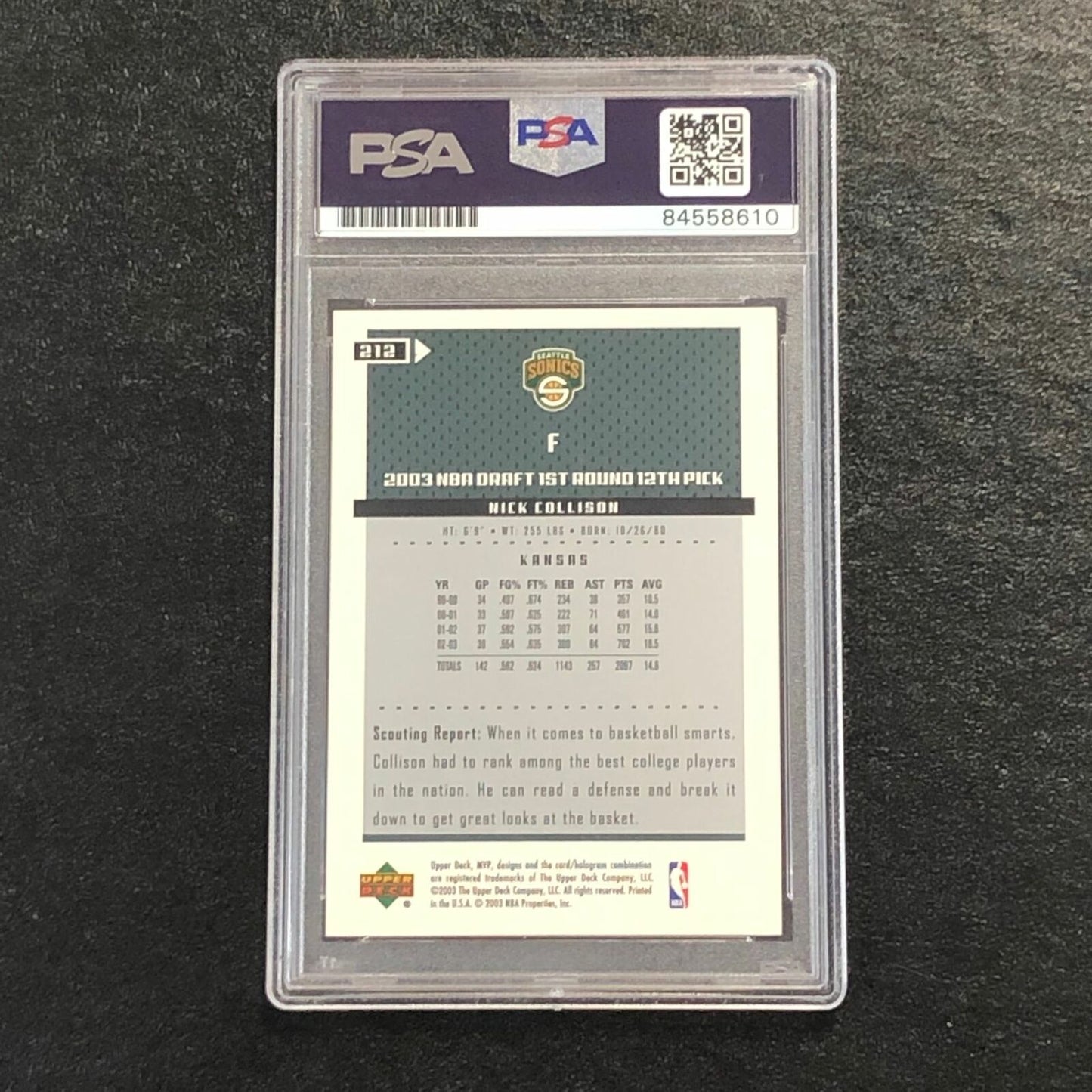 2003-04 Upper Deck MVP #212 Nick Collison Signed Card AUTO PSA Slabbed RC Sonics