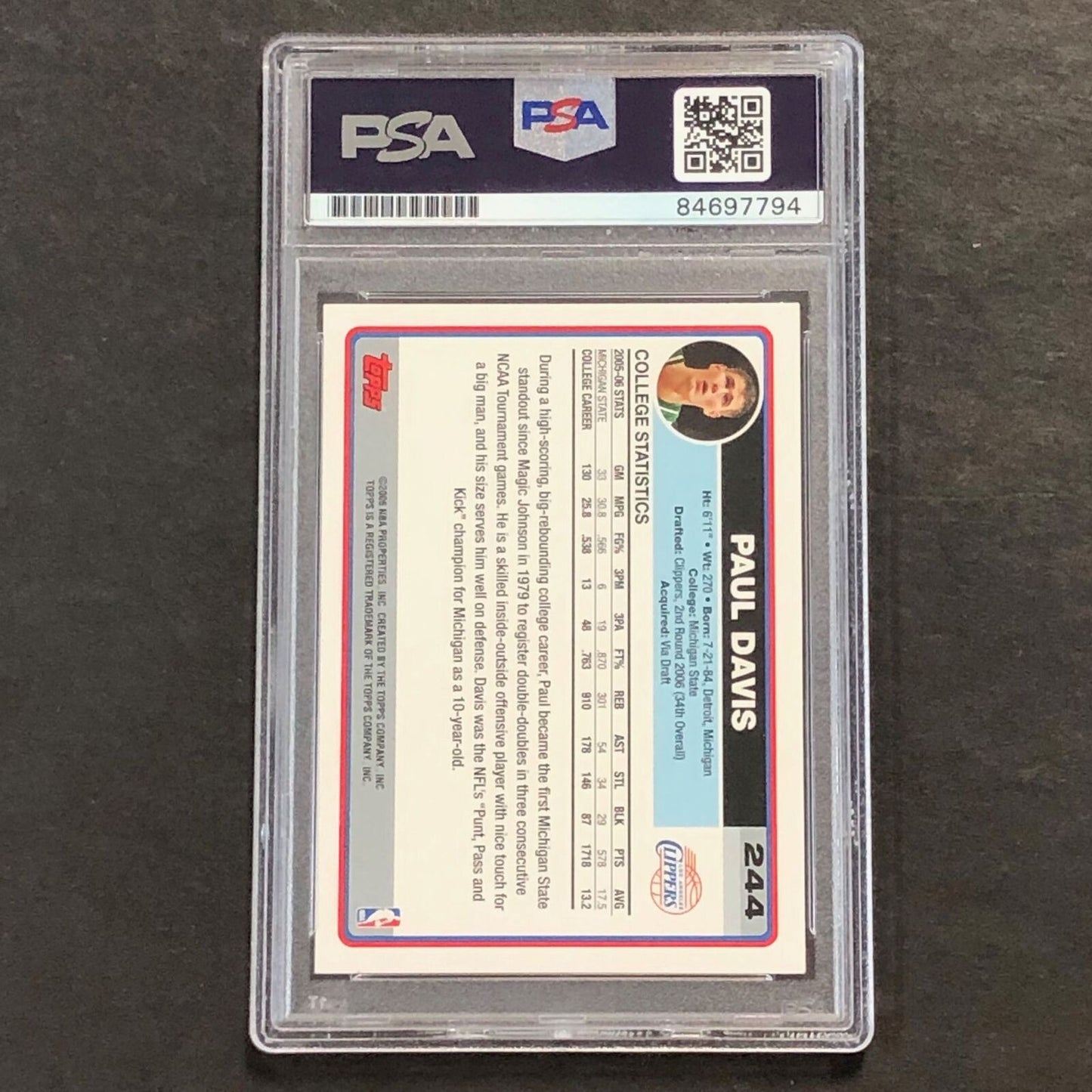 2005-06 Topps Rookie Card #244 Paul Davis Signed Card PSA Slabbed Clippers