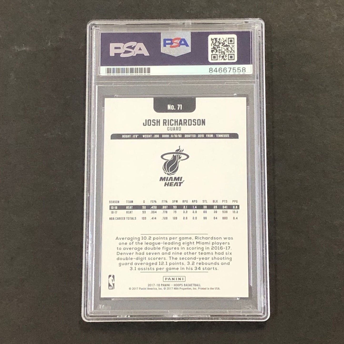 2017-18 NBA Hoops #71 Josh Richardson Signed Card AUTO PSA Slabbed Heat