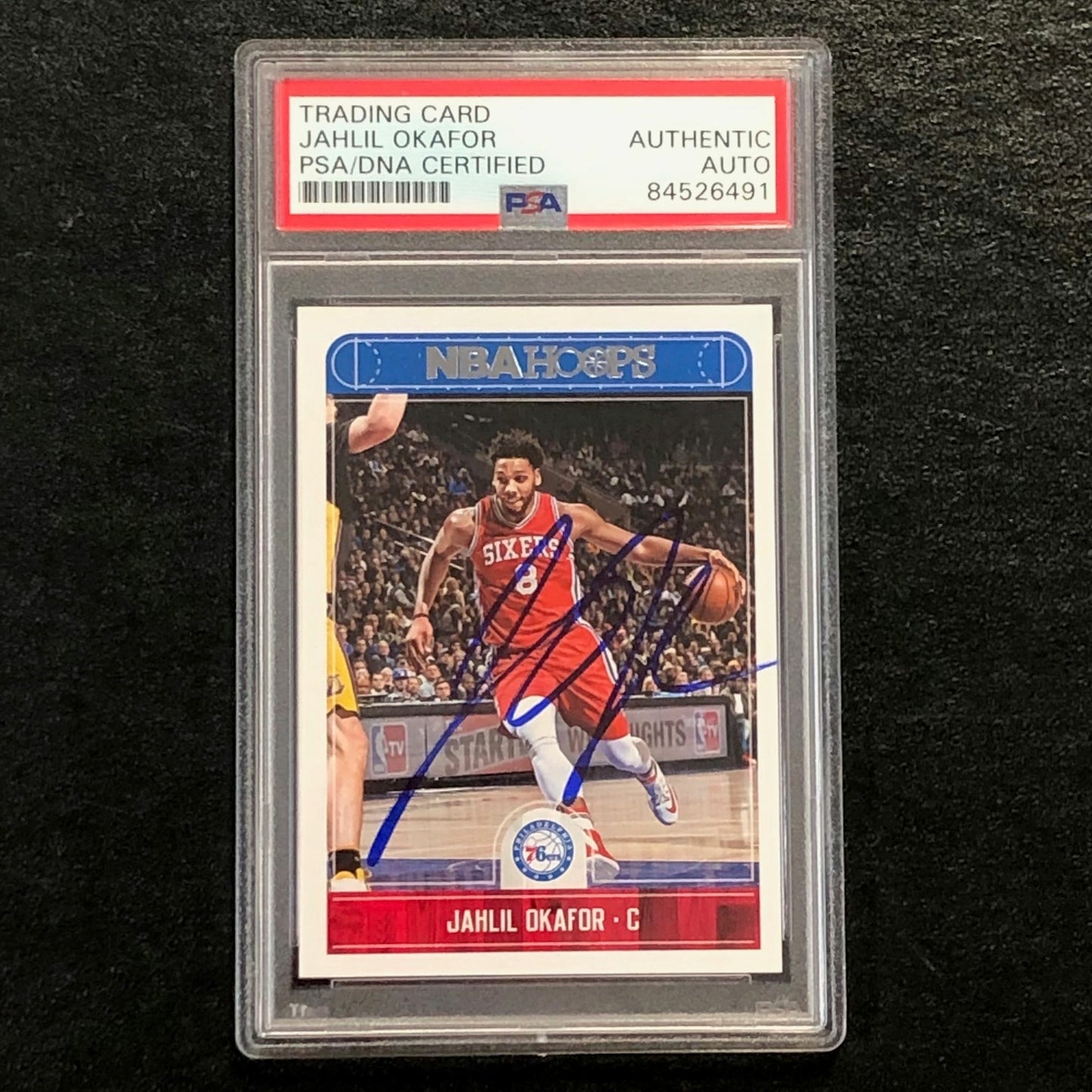 2017-18 NBA Hoops #7 Jahlil Okafor Signed Card AUTO PSA Slabbed 76ers