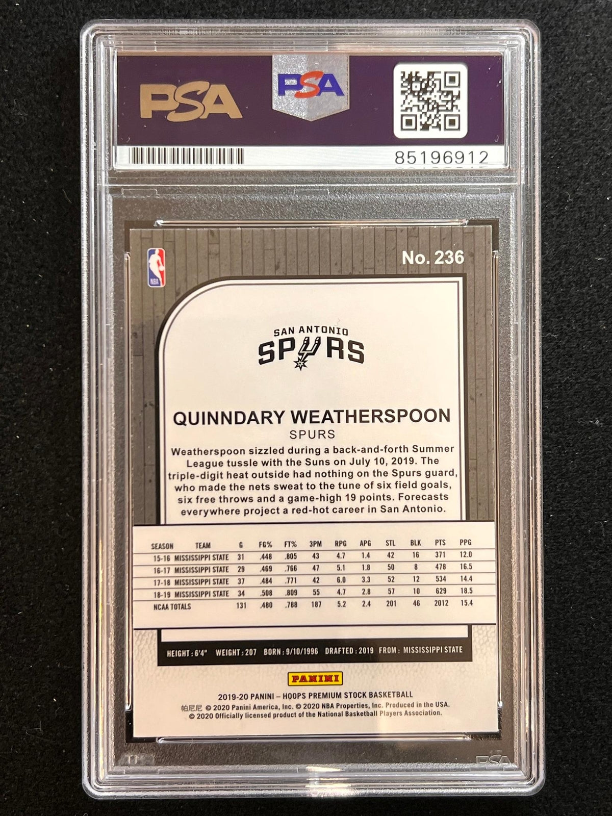 2019-20 Panini Hoops #236 Quinndary Weatherspoon Signed Card AUTO PSA/DNA Slabbe