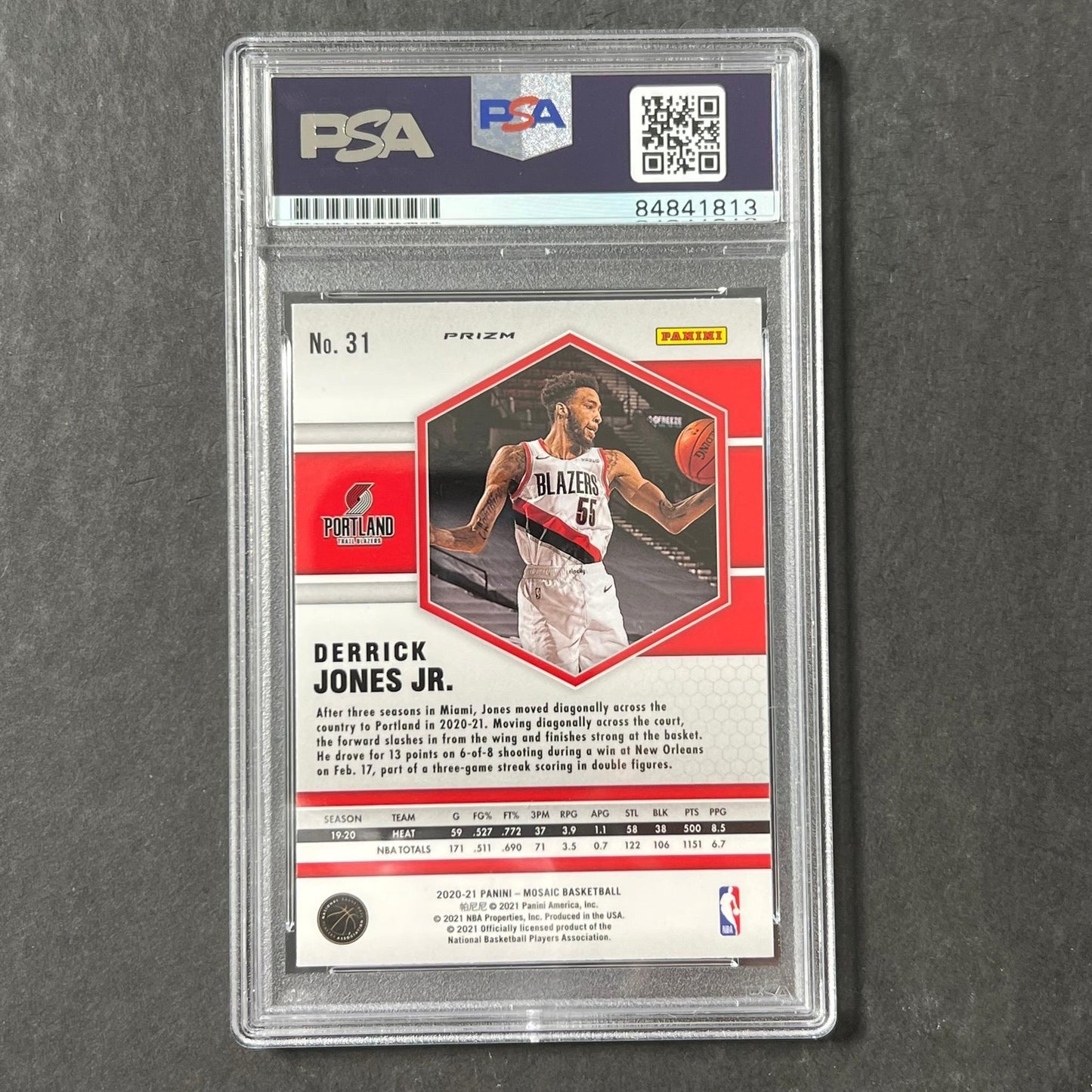 2020-21 Panini Mosaic #31 Derrick Jones Jr. Signed Card AUTO PSA Blazers