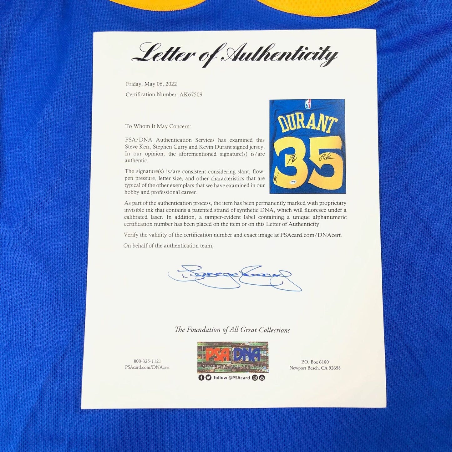 Stephen Curry Kevin Durant Steve Kerr signed jersey PSA/DNA Autographed LOA Warr