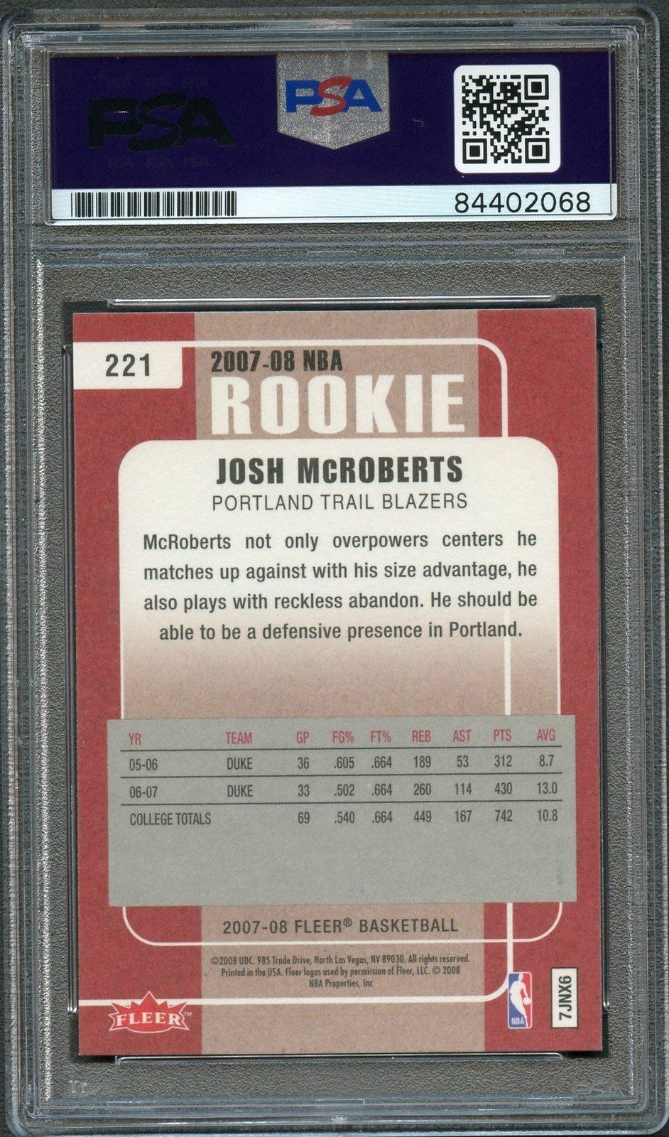 2007-08 Fleer #221 Josh McRoberts Signed Rookie Card AUTO PSA Slabbed RC Blazers