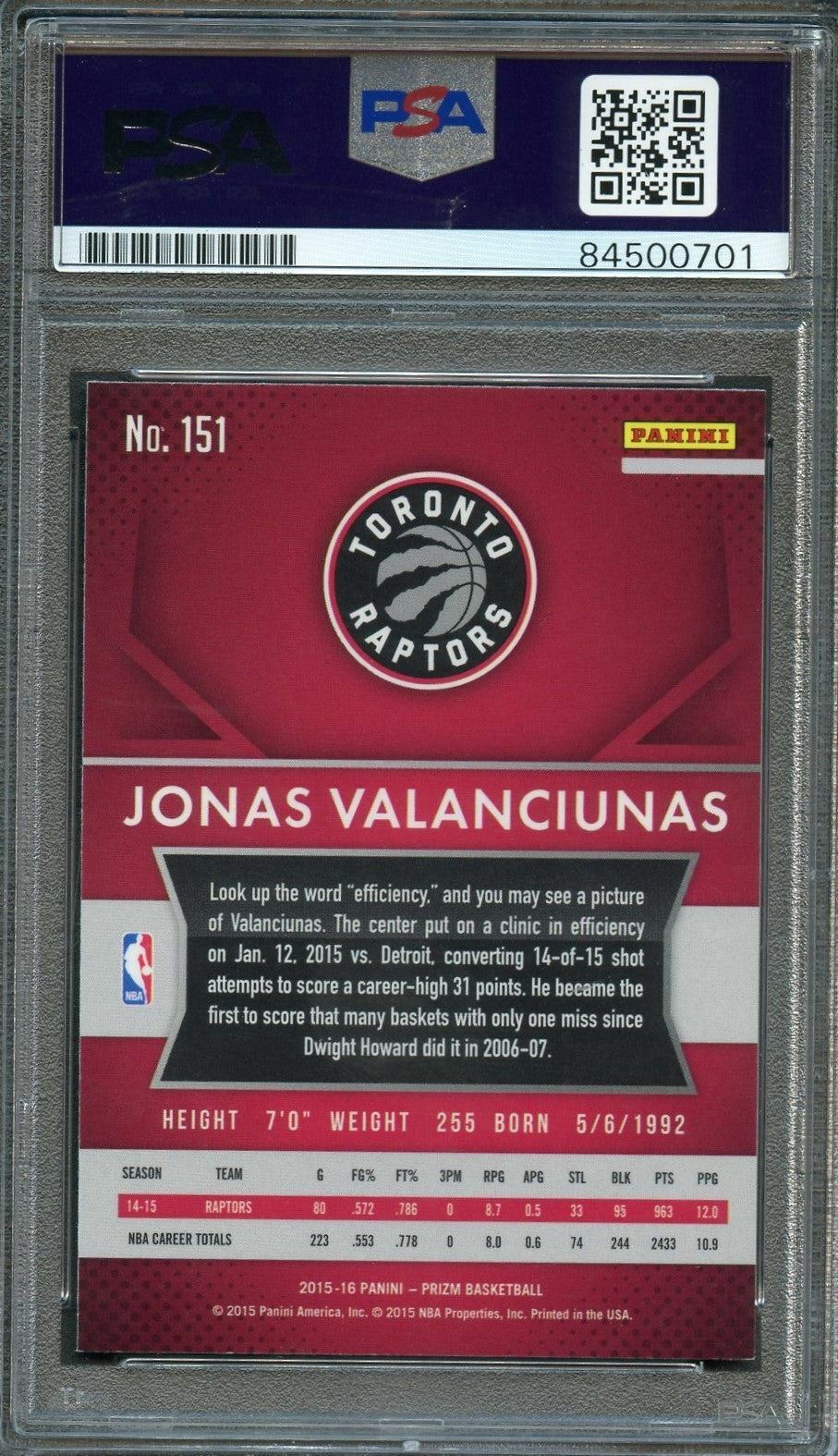 2015-16 PANINI PRIZM #151 Jonas Valanciunas Signed Card AUTO 10 PSA Slabbed Rapt