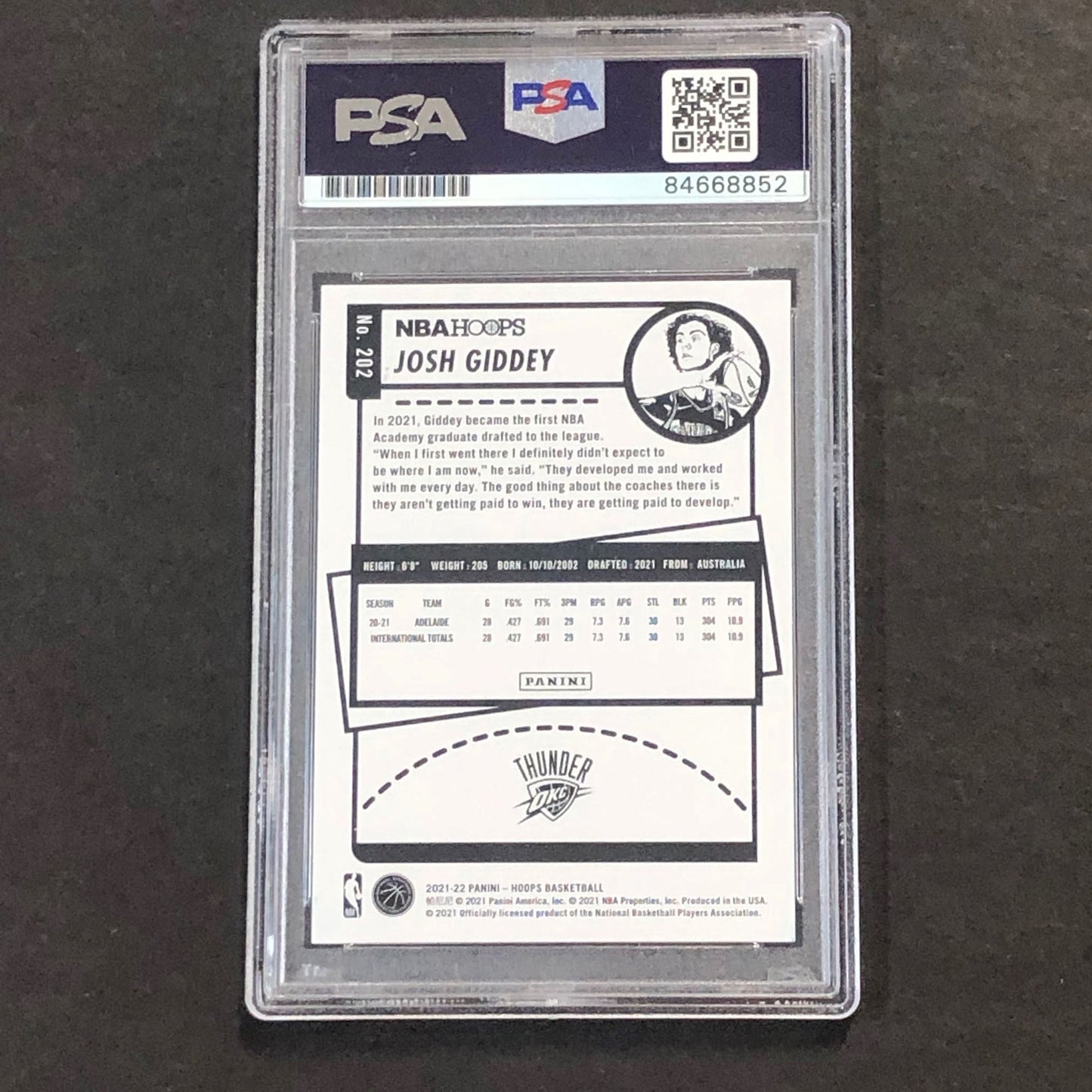 2021-22 NBA Hoops #202 Josh Giddey Signed Card AUTO PSA Slabbed RC Thunder