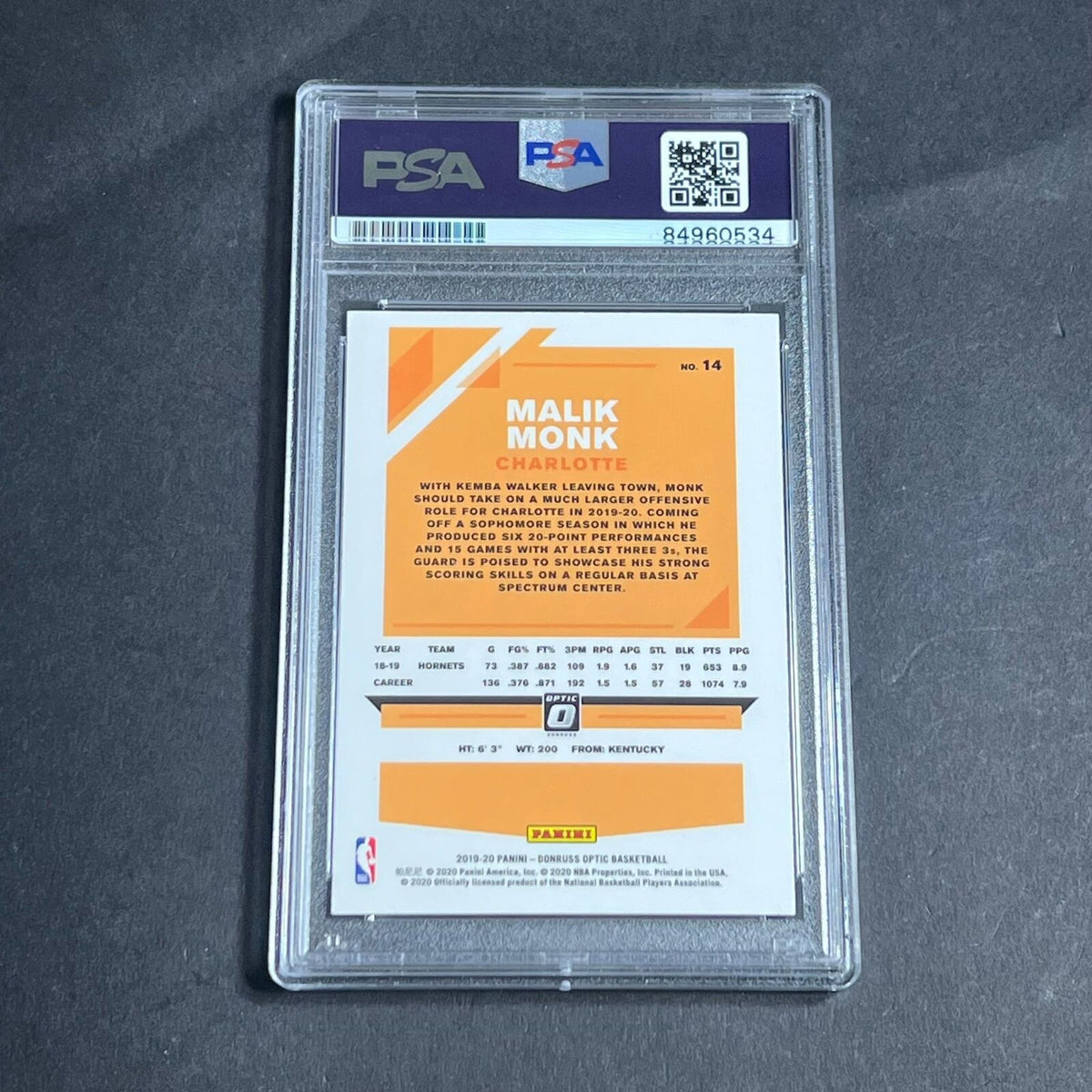 2019-20 Panini Donruss Optic #14 Malik Monk Signed Card AUTO PSA Slabbed Hornets