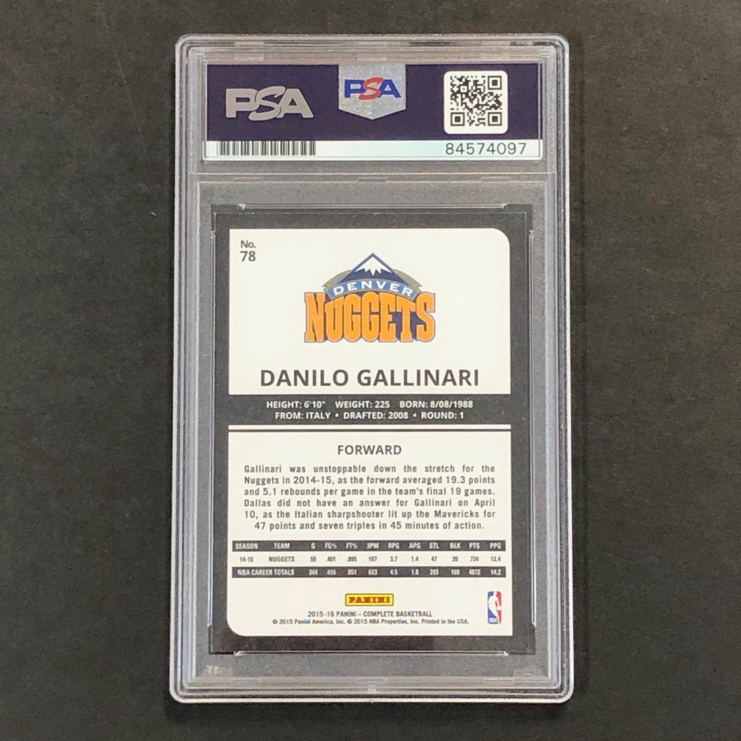 2015-16 Panini Complete #78 Danilo Gallinari Signed AUTO PSA Slabbed Nuggets