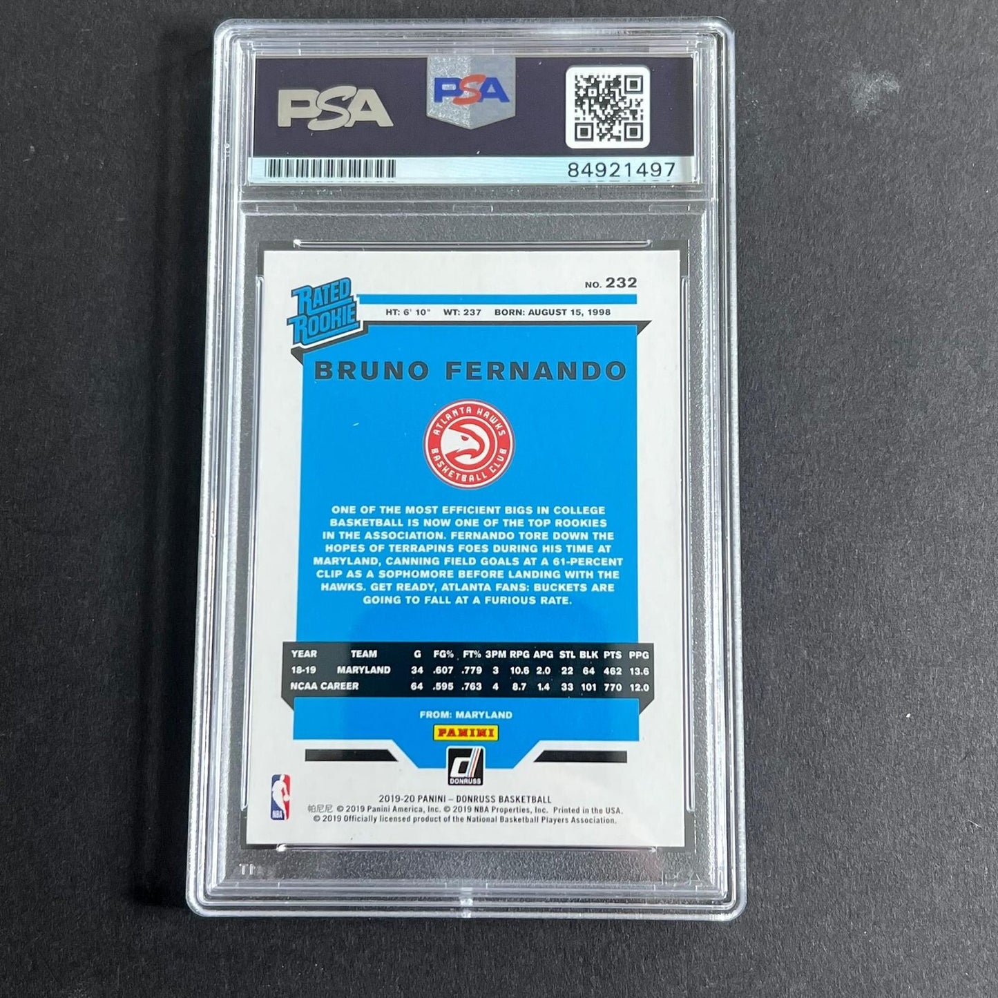 2019-20 Panini Donruss #232 Bruno Fernando Signed Card AUTO 10 PSA Slabbed RC Ha