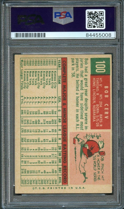 1959 Topps #100 Bob Cerv Signed Card PSA Slabbed Auto Kansas City Athletics