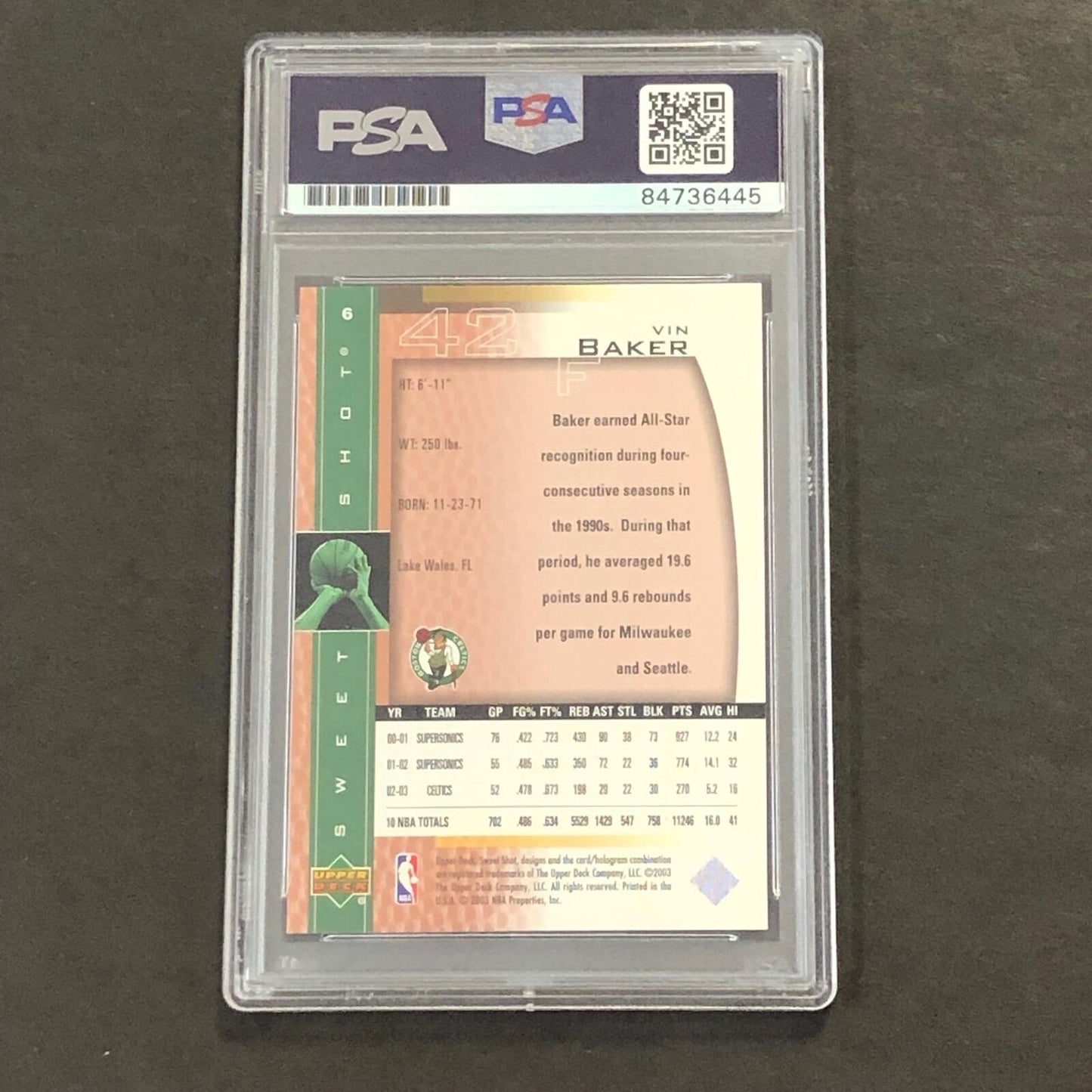 2003-04 Upper Deck Sweetshot #6 Vin Baker Signed Card AUTO PSA/DNA Slabbed Celti