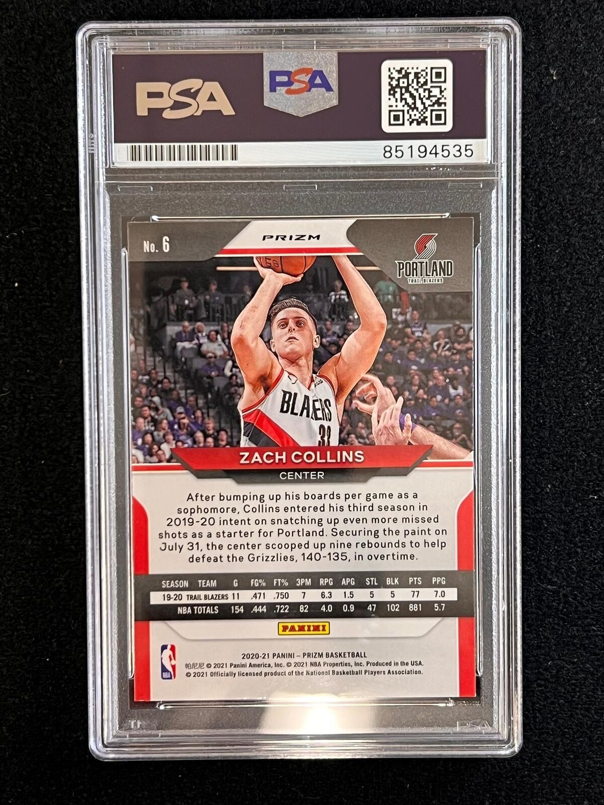 2020-21 Panini Prizm #6 ZACH COLLINS Signed Card AUTO 10 PSA Slabbed Blazers