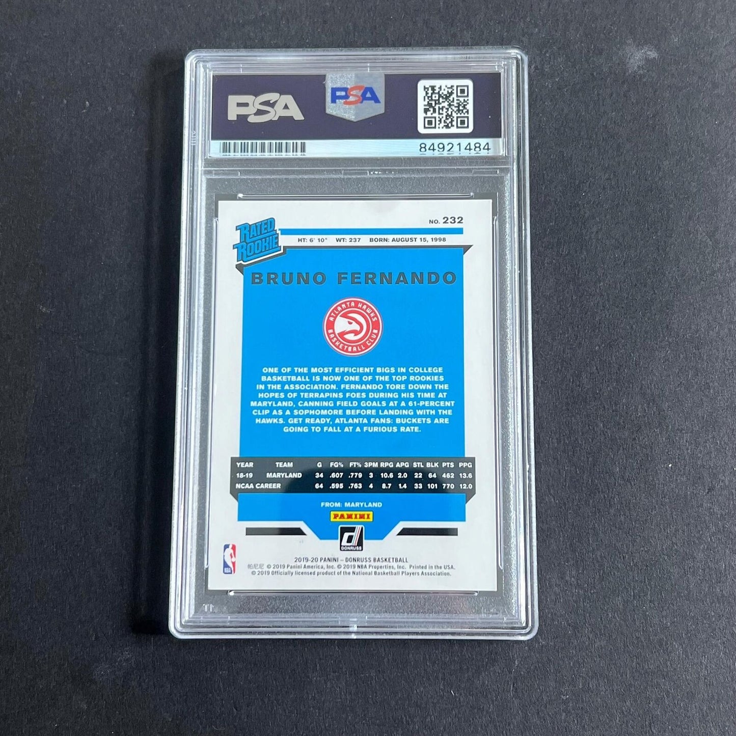 2019-20 Panini Donruss #232 Bruno Fernando Signed Card AUTO 10 PSA Slabbed RC Ha
