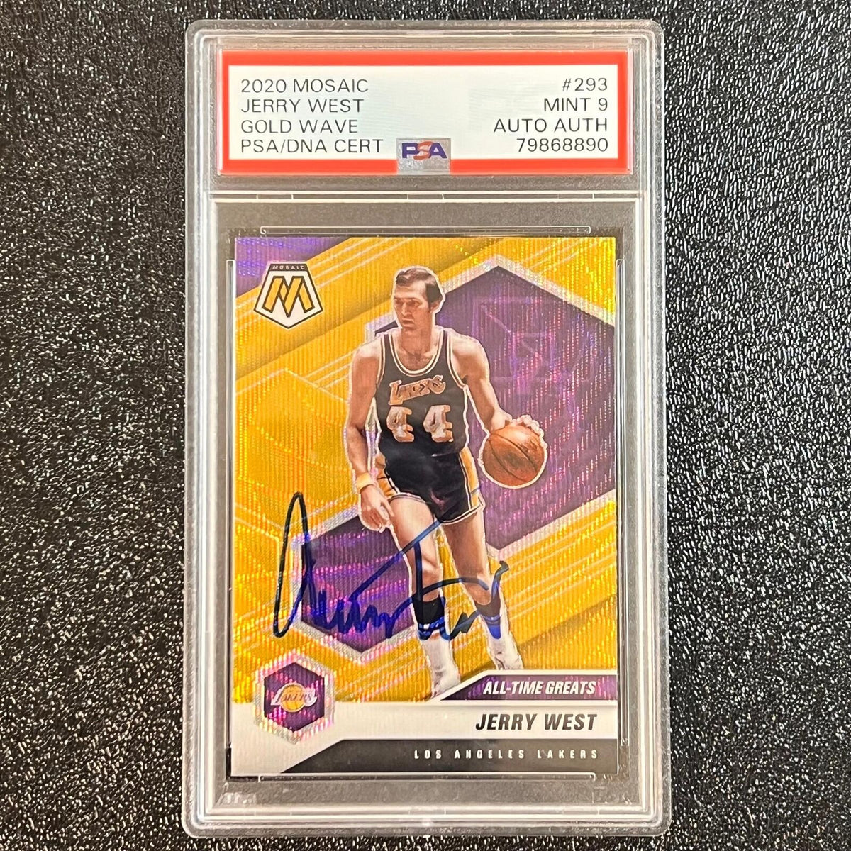 2020 Mosaic Gold Wave #293 JERRY WEST Signed Card MINT 9 AUTO Authentic PSA Slab