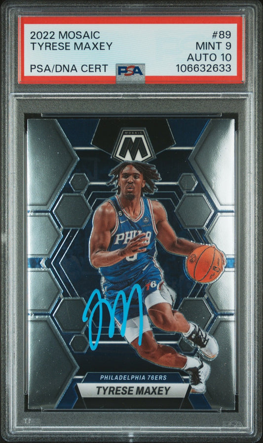 2022 Panini Mosaic #89 Tyrese Maxey signed card PSA 9 Auto 10