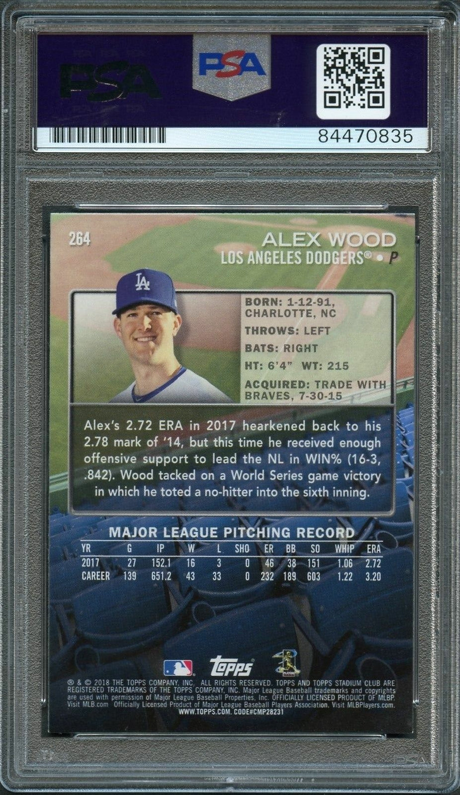 2018 Topps Stadium Club #264 Alex Wood Signed Card AUTO 10 PSA Slabbed Dodgers