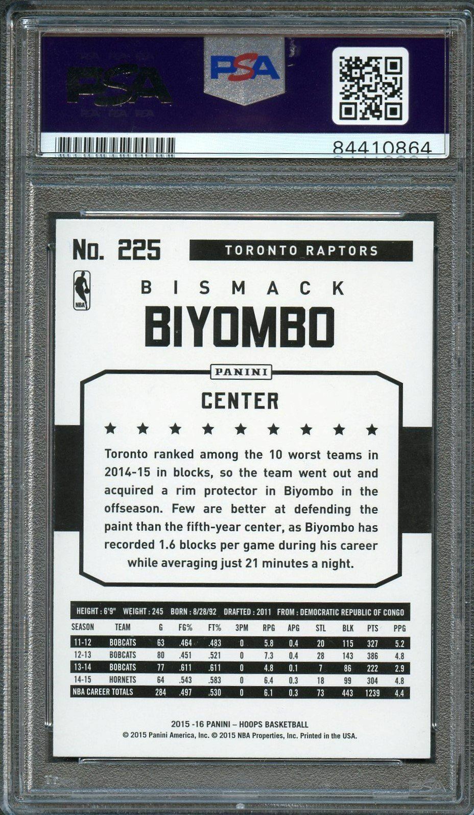 2015-16 NBA Hoops #225 Bismack Biyombo Signed Card AUTO 10 PSA Slabbed