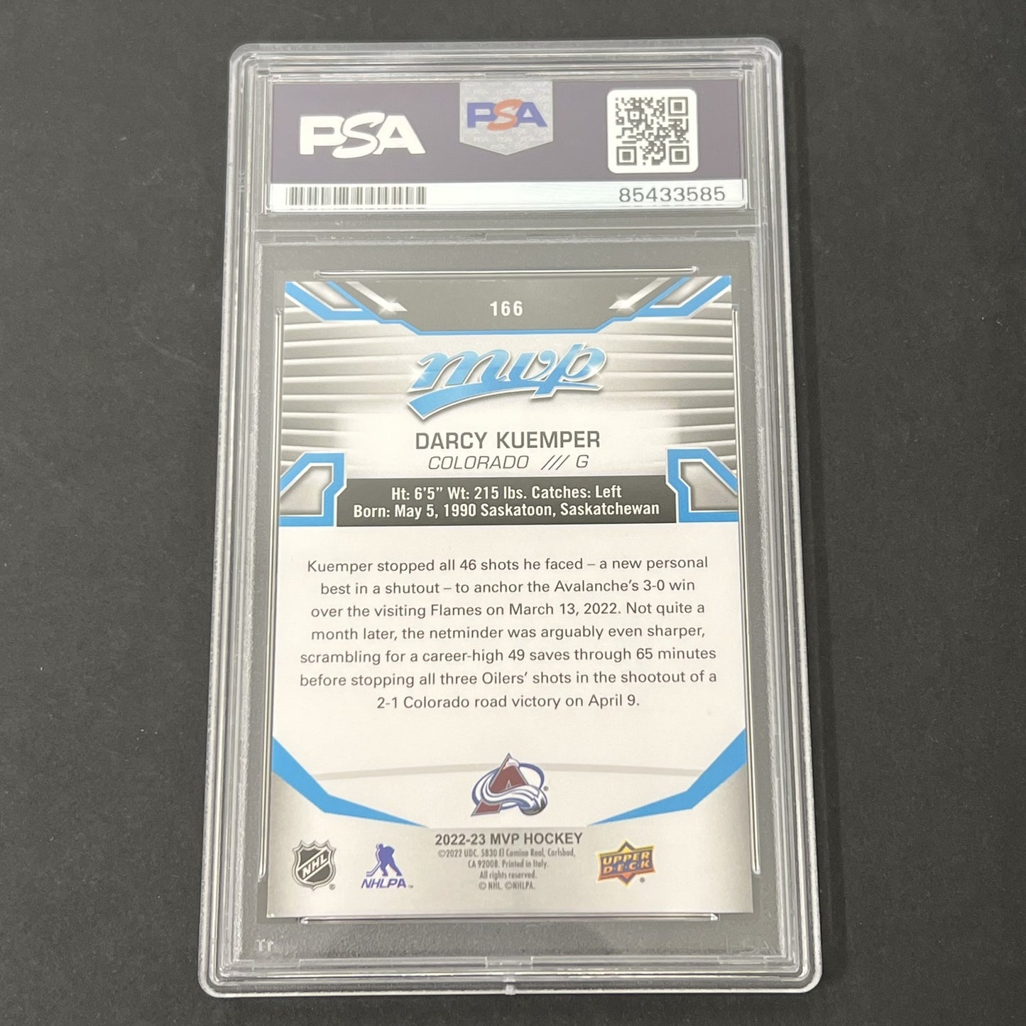 2022-23 MVP Hockey #166 Darcy Kuemper signed card PSA Auto 10 Avalanche