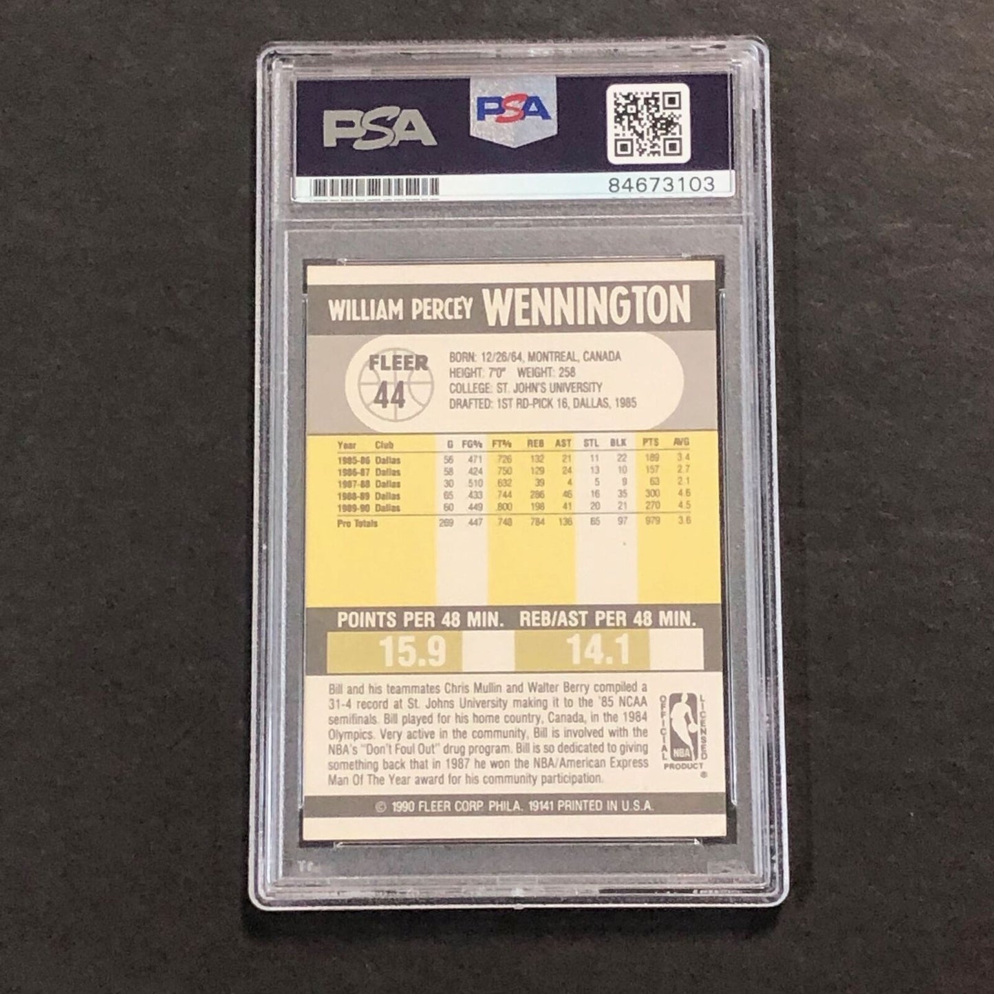 1990-91 Fleer #44 Bill Wennington Signed Card AUTO GRADE 10 PSA Slabbed Maverick