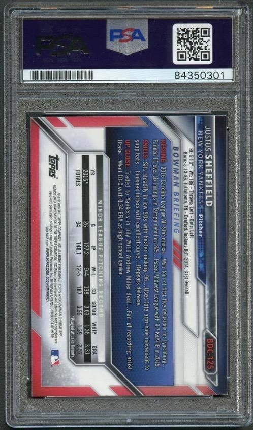 2016 Bowman Draft Chrome #BD125 Justus Sheffield Signed Card PSA Slabbed Auto Ya