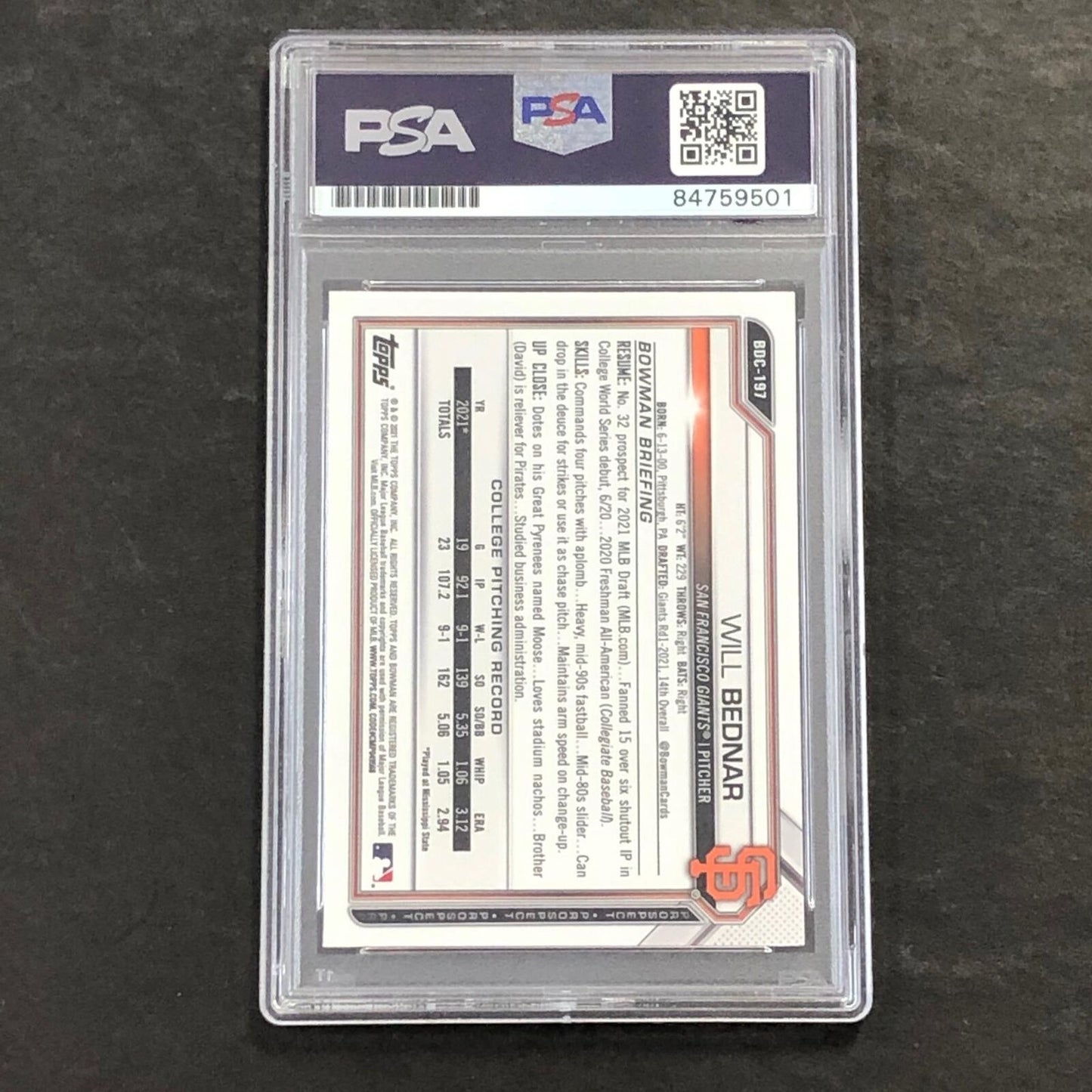 2021 Bowman Draft #BDC-197 Will Bednar Signed Card PSA Slabbed Auto Giants