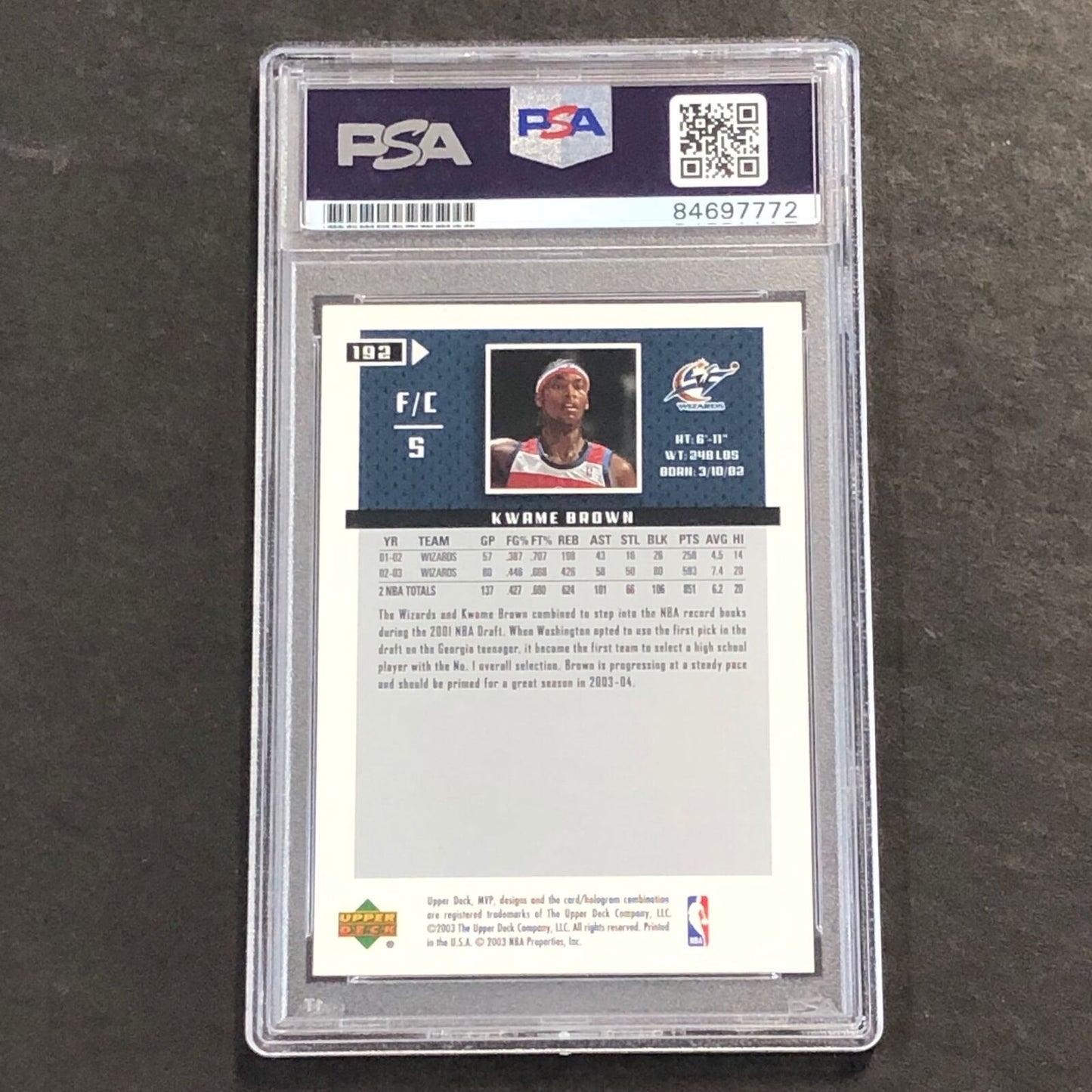 2002-03 Upper Deck MVP #192 Kwame Brown Signed Card PSA Slabbed Wizards
