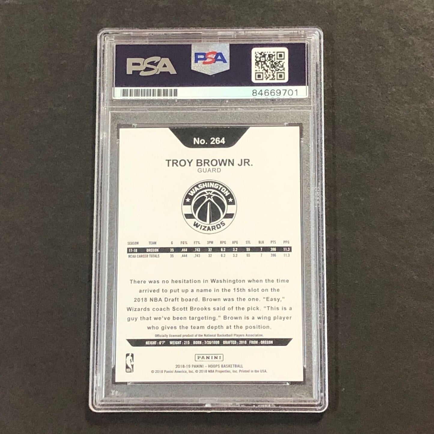 2018-19 Panini NBA Hoops #264 TROY BROWN JR. Signed Card AUTO PSA RC Rookie Slab