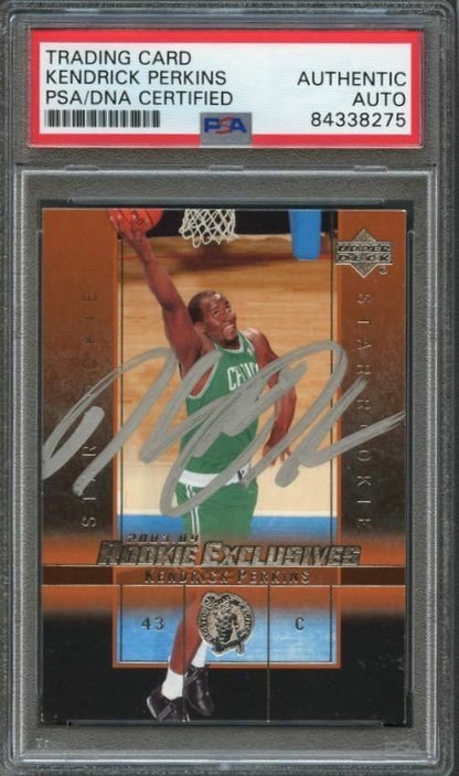 2003-04 Upper Deck Exclusives #22 Kendrick Perkins Signed Card AUTO PSA/DNA Slab