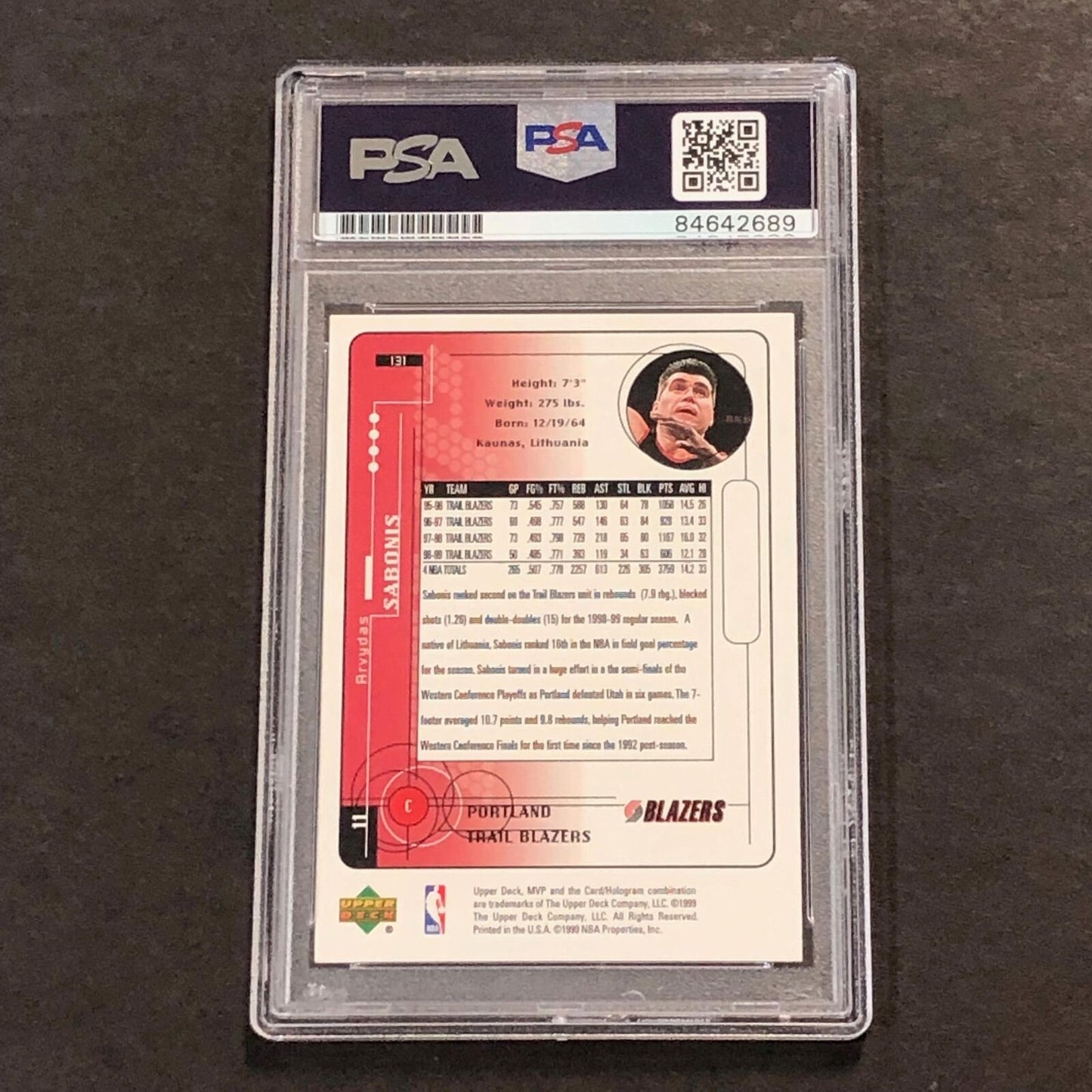 1999-00 Upper Deck MVP #131 ARVYDAS SABONIS Signed Card AUTO PSA Slabbed Trail B