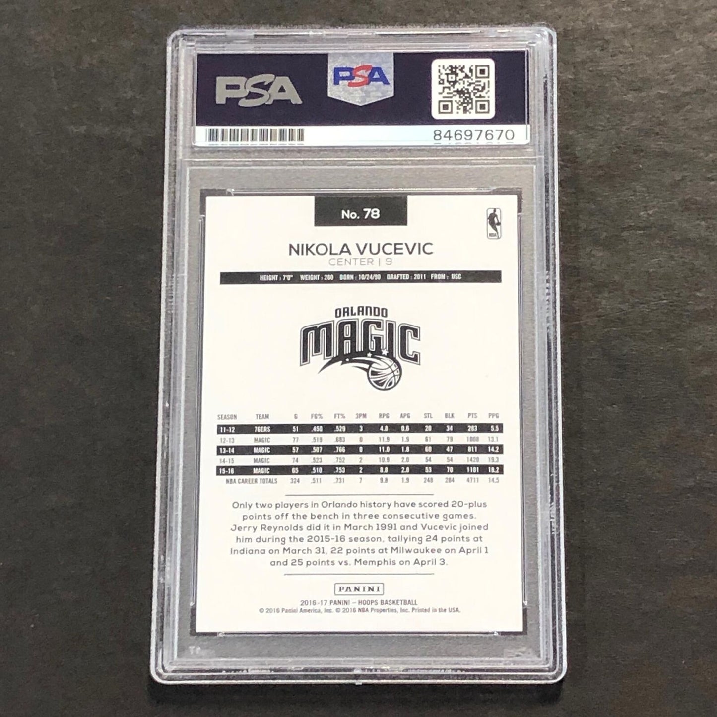 2016-17 NBA Hoops #78 Nikola Vucevic Signed Card AUTO PSA Slabbed Magic